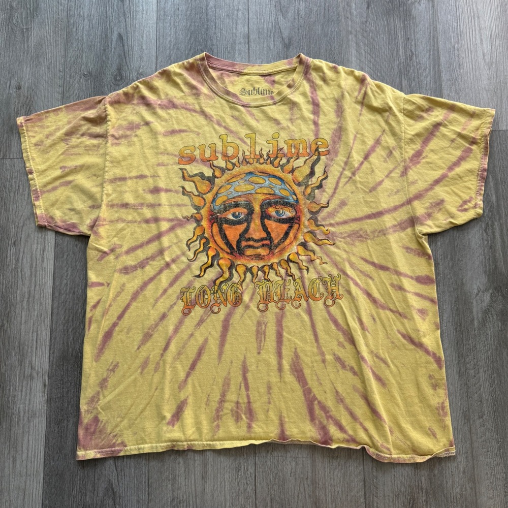 Sublime Mens XL Tie Dye T-Shirt Long Beach Sun Face Graphic Band Tee Yellow
